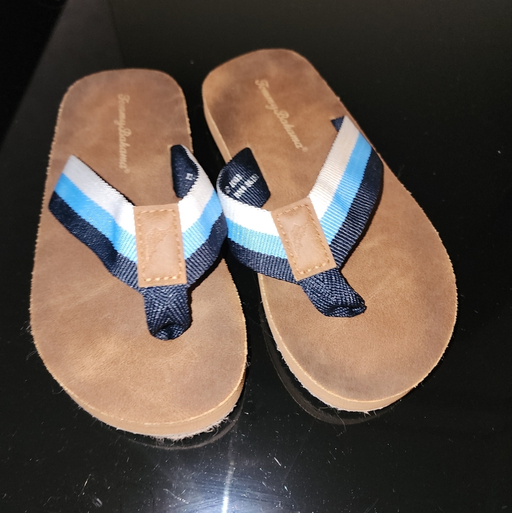 Tommy Bahama Kids Blue& White Striped Brown Thong Sandals Size 11/12